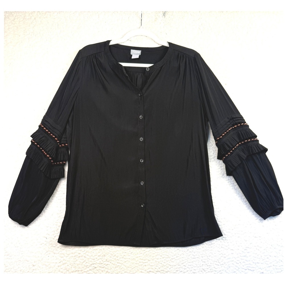 Chicos Black Blouse Ruffle Sleeve Beaded Button Down Top Women's‎ Size 1/M